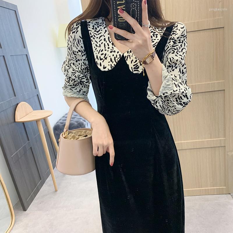 

Casual Dresses Autumn Winter Collection Waist Leopard Gold Velvet Long Dress Doll Collar Sleeve Fake Two Piece Elegant Woman, Black