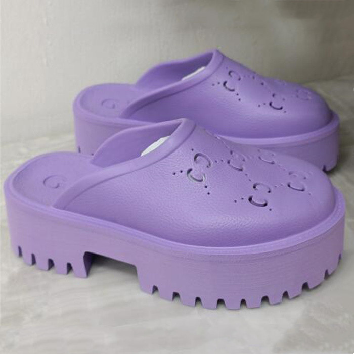 

2022 double G Brand Perforated Slippers Men Women Platform Designer Sandals Wedge Rubber Cut-out Slide Transparent Materials Fashion Beach Flats Shoes