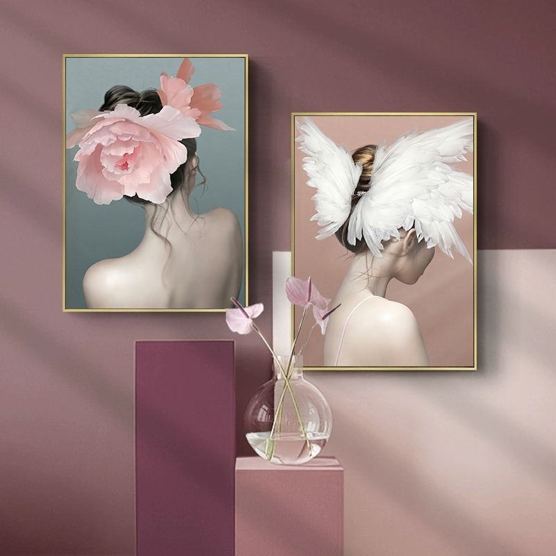 

Flower Angel Wings Headdress Girl Pictures Abstract Canvas Painting Wall Art Print Poster Nordic Modern Girls Bedroom Decoration