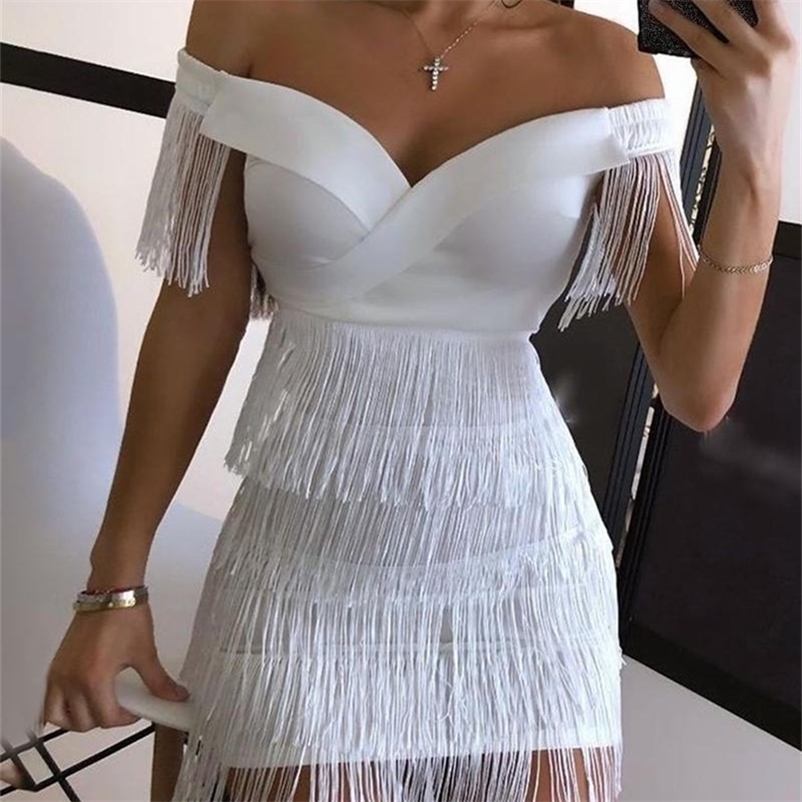 

White Fringe Celebrity Evening Runway Party Dress Women Sexy Tassels Short Sleeve Club Vestidos 220614