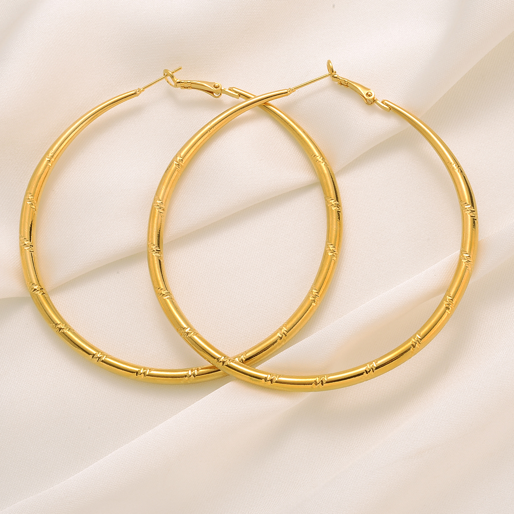 Pair of big 18k yellow solid fine gold gf hoop earrings large circle creole chic hoops gift-image-762027947