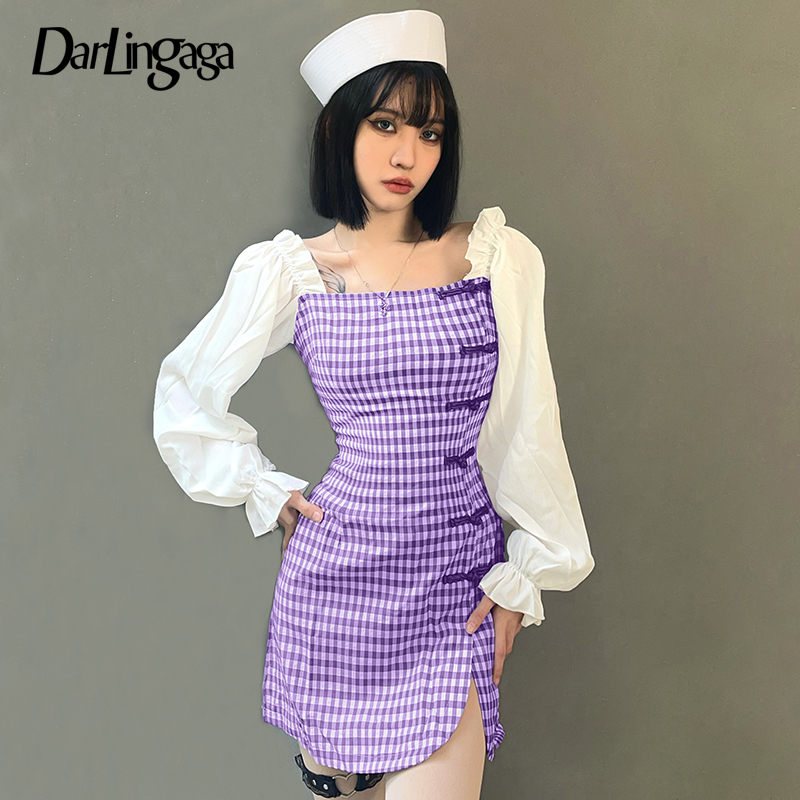 

Darlingaga Vintage Fashion Plaid Patchwork Women Dresses Square Collar Cheongsam Spring Korean Casual Dress Mini Split Clothing, Purple