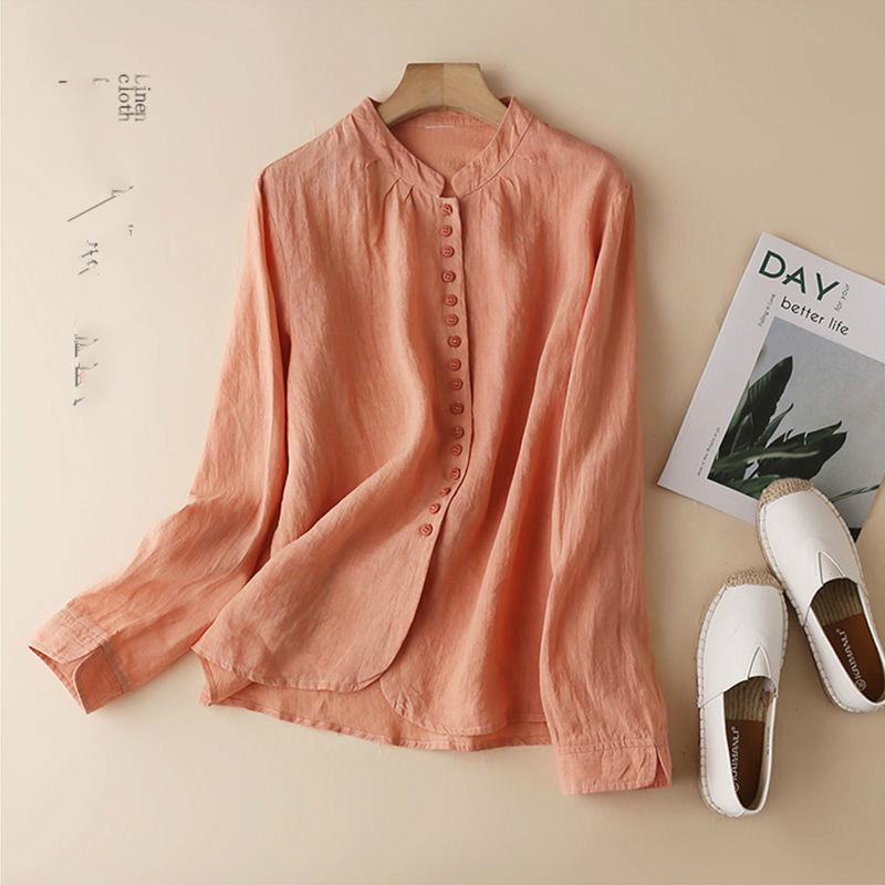 

Women's Blouses & Shirts 2022 Women Autumn Winter Slim Cotton And Linen Lady Stand Collar Single Breasted Blouse Female Casual Oversize Shir, White
