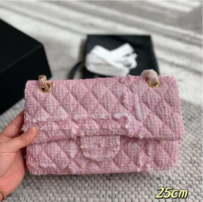 

TZ Classic Double Flap Pink Tweed Bags Multi Pochette Large Capacity Purse With Gold Metal Hardware Chain Crossbody Shoulder Clutch Designer Handbags 25CM, Shipping