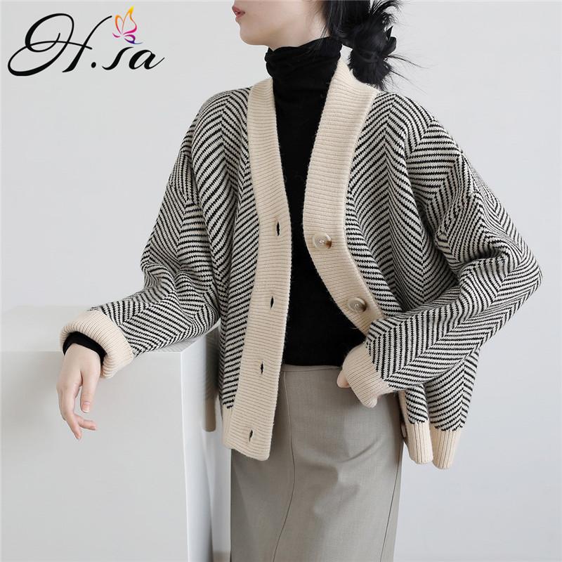 

Women's Knits & Tees H.SA 2022 Women Sweater Tops Knitted Cardigans Long Sleeve Ocersized Knitcoat Striped Vintage Elegant Knitwear, White