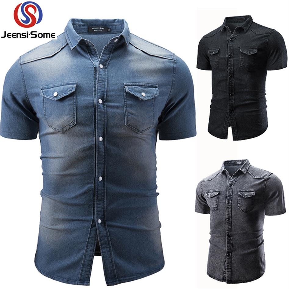 

Men Short Sleeve Shirt Jeans Vintage Mens Clothing Boutique Wear Casual Shirt Winter Men Clothes Style Retro Slim Fit Big246e, Black