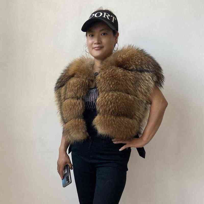 

Real Raccoon Fox Fur Women Tie Up Hollow Out Side Sexy Hooded Vest Parka For Winter Spring Sleeveless Jacket Outcoats J220719