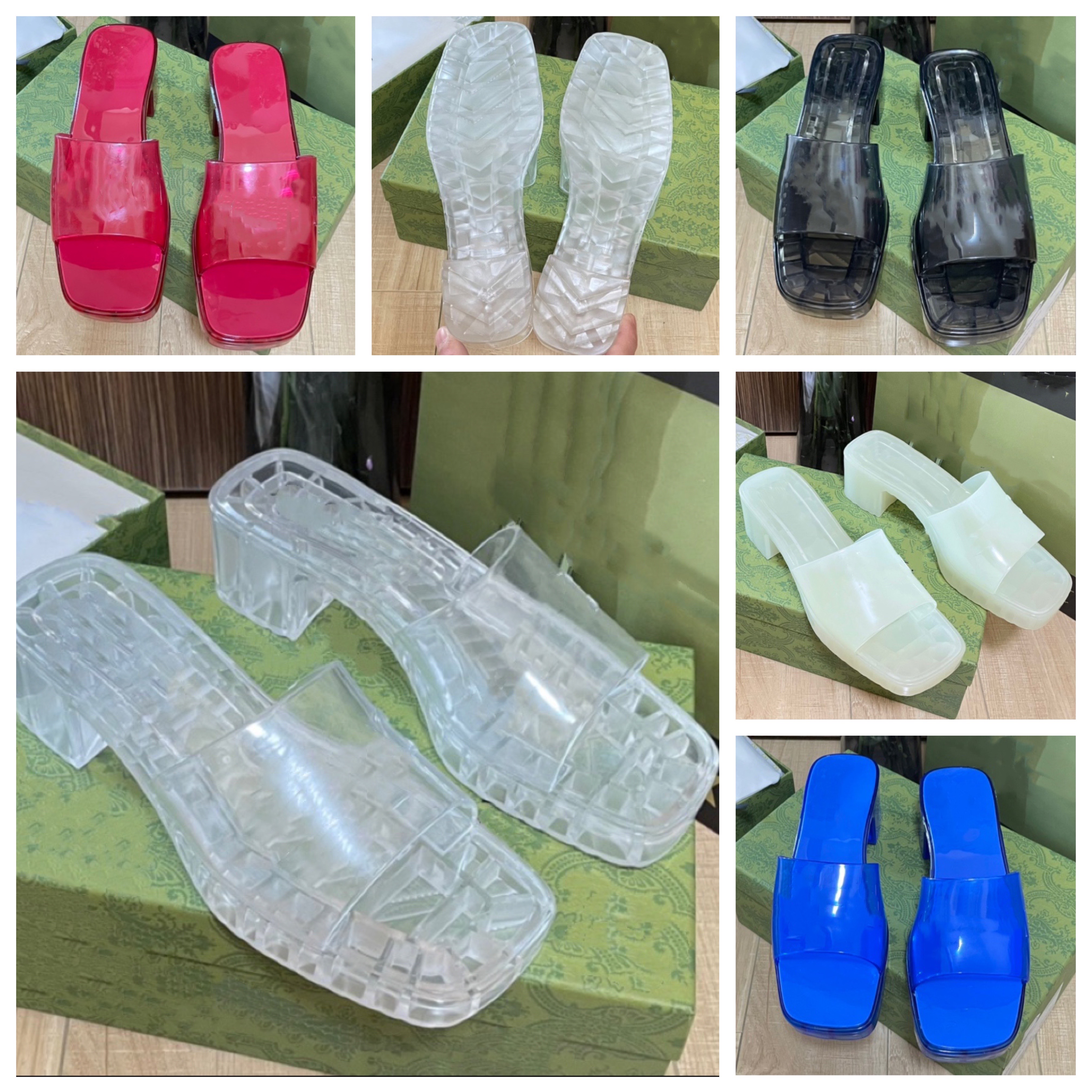 

Designer Women Sandals Transparent Clear Jelly Rubber Chunky Slippers Lady Fruit Colors Lady Summer Square head shoes Mules Size 35-40