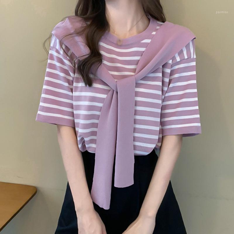 

Women's T-Shirt Summer Loose Round Neck Fake Two Piece Fashionable Stripe Design Short Sleeve