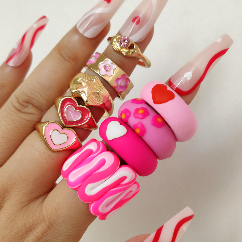 

Pink Clay Twisted Stripe Flower Chunky Ring Sets Geometric Love Heart Yin Yang Finger Rings For Women Jewlery Gifts 220716