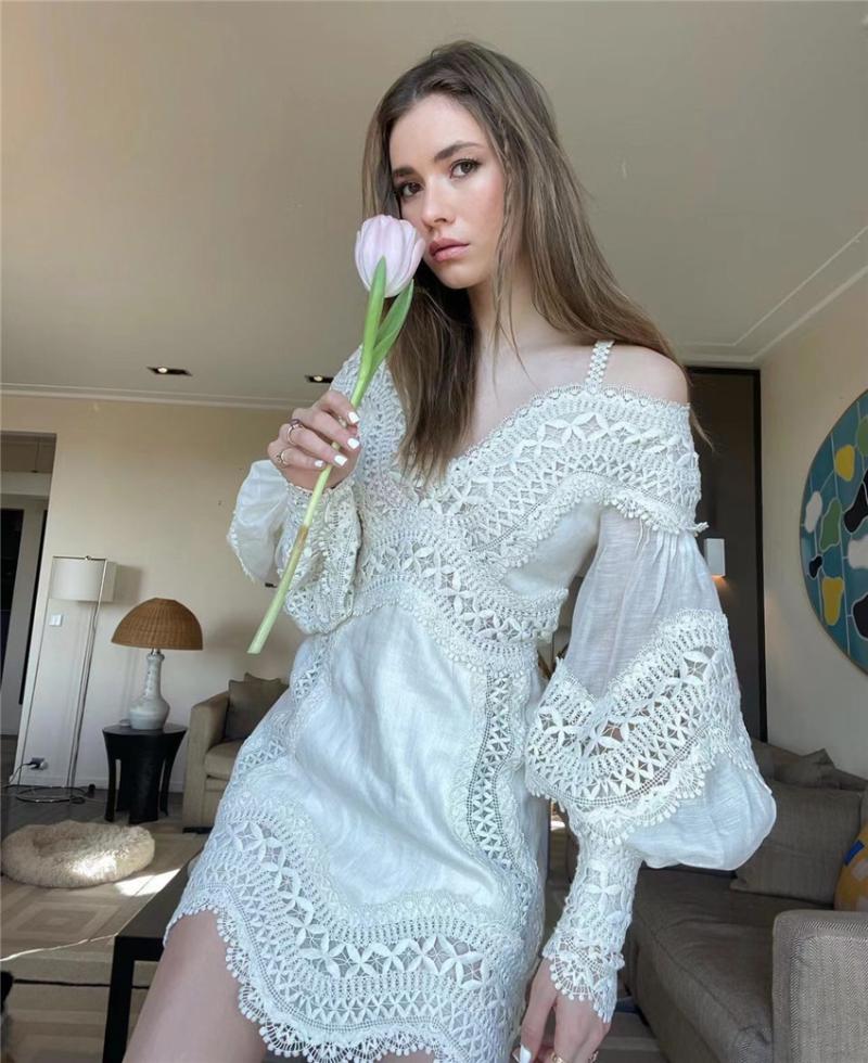

Casual Dresses Fashion Designer Dress For Women V Neck Lantern Sleeve Off Shoulder Lace Embroidery Mini DressCasual, Beige