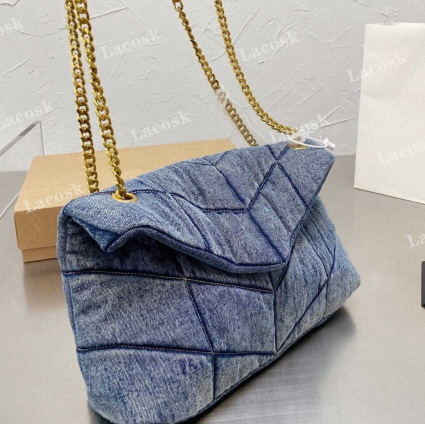 

LOULOU Puffer Handbags Top Quality Women Denim Vintage Shoulder Bag Canvas Hobo Messenger Bag Ladies Designer Bags with Gift Box, Blue