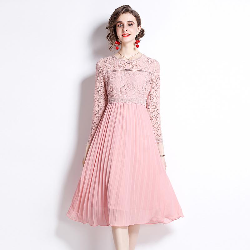

Casual Dresses Summer Pink Lace Splicing Dress Fashion O-Neck Knee-Length Large Swing Pleated Office Lady Solid Long Sleeve Evening