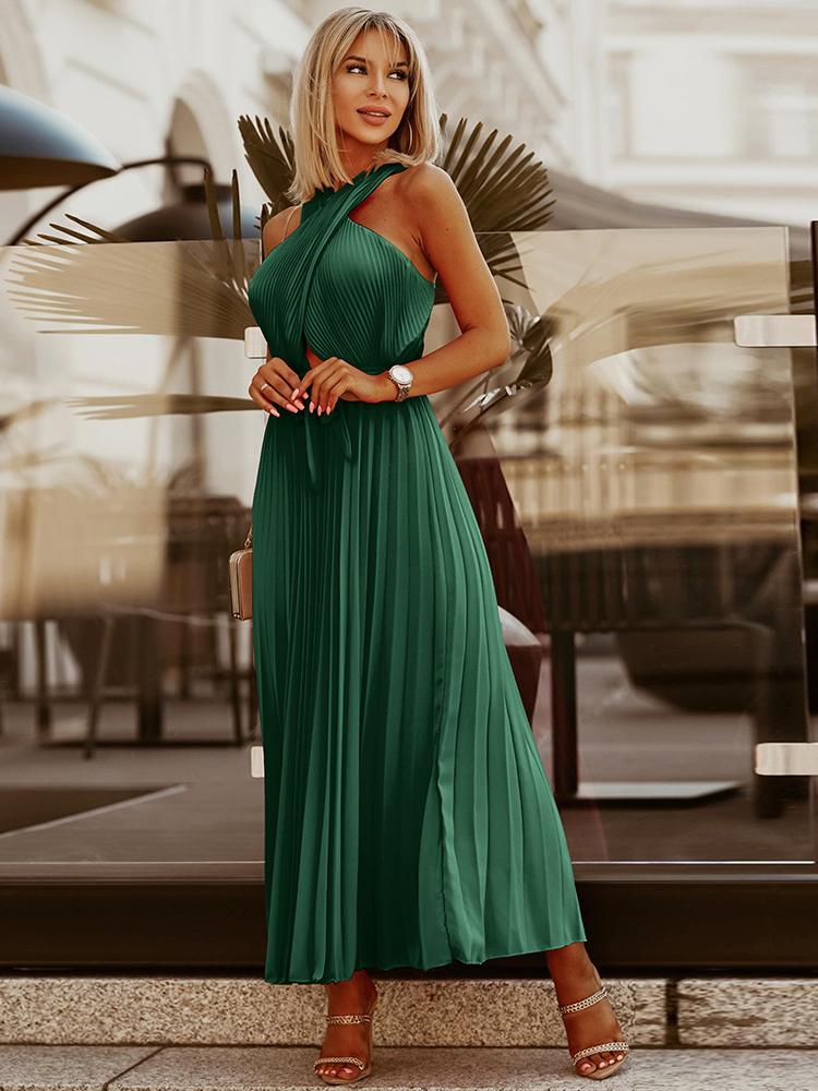 

Casual Dresses Summer Sexy Cross Halter Dress Fashion Waist Pleated Mid-length Skirt Retro Temperament Elegant Back Chiffon DressCasual, Black