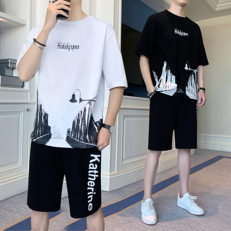 

Men's Tracksuits Summer Men's Sets Fitness Suit Short Sleeve T Shirt Shorts Knee Length Pants Casual 2 Piece Set Cloth Suits SportwearMe, Black