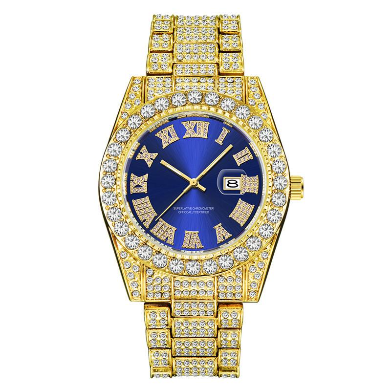 

Wristwatches Luxury Gold Roman Bling Hip Hop Full Iced Out Watch Quartz Blue Diamond Watches Men Silver Diomand Reloj De Diamantes, Gold 2