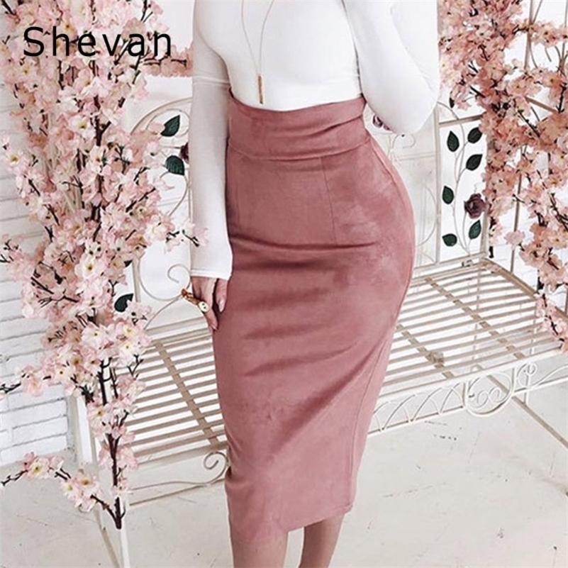 

Shevan Midi High Waist Suede Skirt Winter Elegant Fashion Slim Bodycon Back Slit Brown Green Pink Sexy Pencil Skirt Women Y200326, Brown skirt