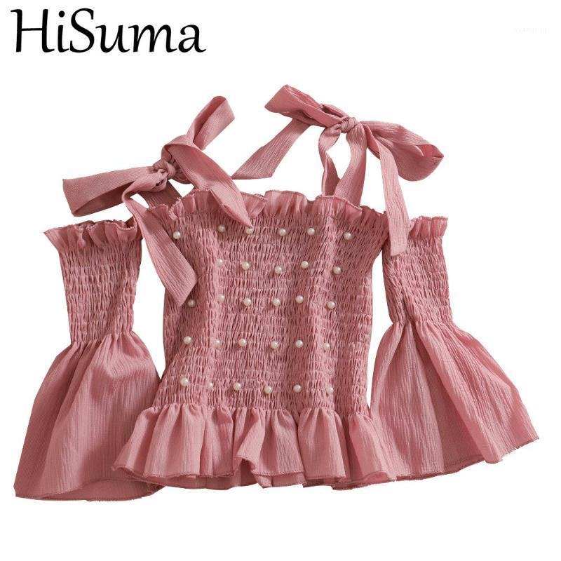 

Summer Slash Neck Flare Sleeve Women Pearl Bead Basic Bow Shirt Lady Short Elastic Slim Pullover Bandage Strap Blouse Tops Women's Blouses &, Women shirt