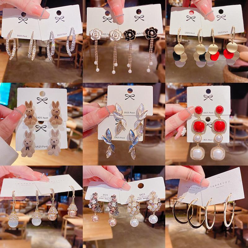 

Dangle & Chandelier Silver Needle Korean Trendy Hoop Earrings Women's Pearl Rhinestone Shiny Stud Bow Cartoon Hanging Drop EarringDangle