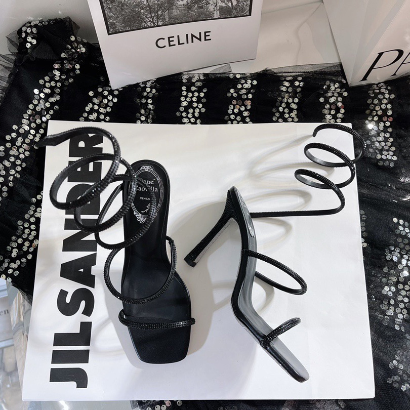 

rhinestones-studded Rene caovilla Cleo Snake Strass stiletto Heel sandals Evening shoes women high heeled Luxury Designers Ankle Wraparound LHUN, Beige