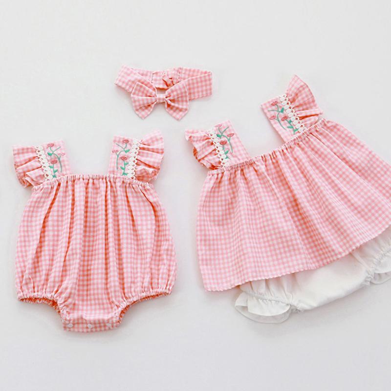 

Jumpsuits Summer Cute Kids Baby Girl Sleeveless Printing Sister Rompers Braces Suit Infant Born ClothesJumpsuits, 210519 rompers
