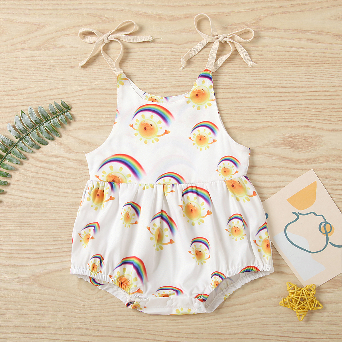 

Summer toddler Rainbow Sun Print Romper infant baby Girls Sleeveless O-neck Lace-up Short romper, Options