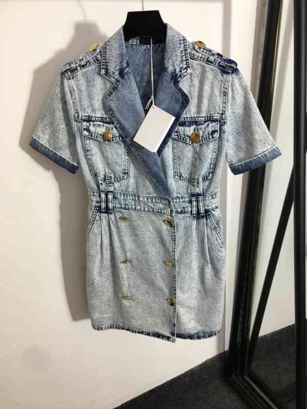 

Womens Designer Dresses Logo Gold Double Breasted Short Sleeve Nipped Waist Denim Dress Luxury High Quality Dress For Women Clothing