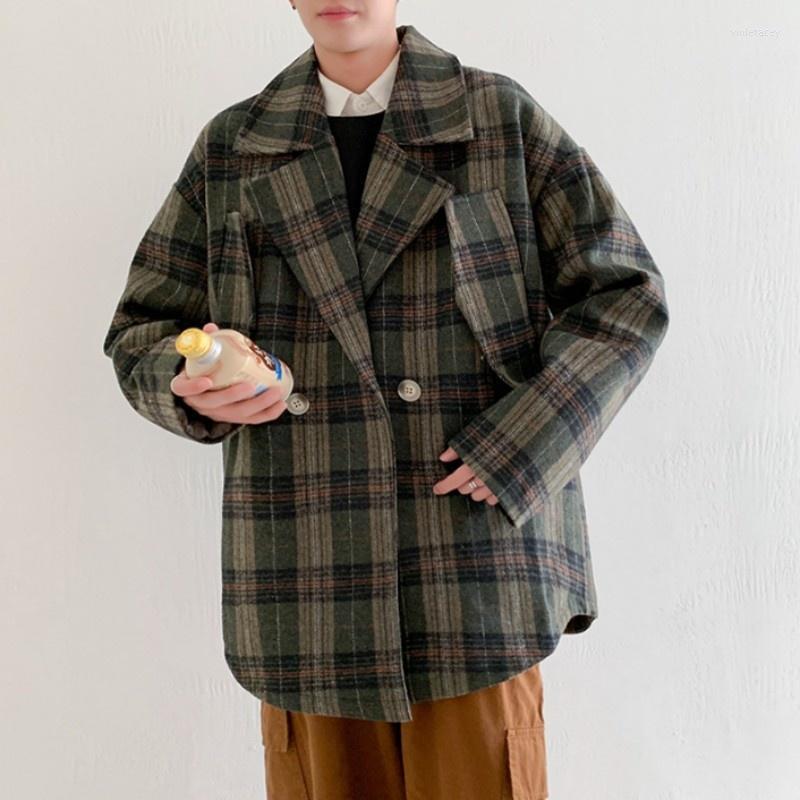 

Men's Wool & Blends Fashion Mens Loose Fit Woolen Jacket Plaid Double Breasted Casual Suit Coat Autumn Preppy Style Outwear Coats Viol22, Green