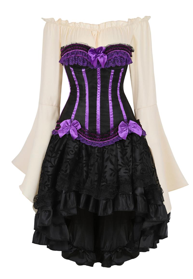 

Bustiers & Corsets Three-Piece Gothic Bow Sexy Skinny Shirt Corset Mujer Dress Slim Body Pirate Dancing Costumes Elegant Victorian Skirt Set, 6530beige