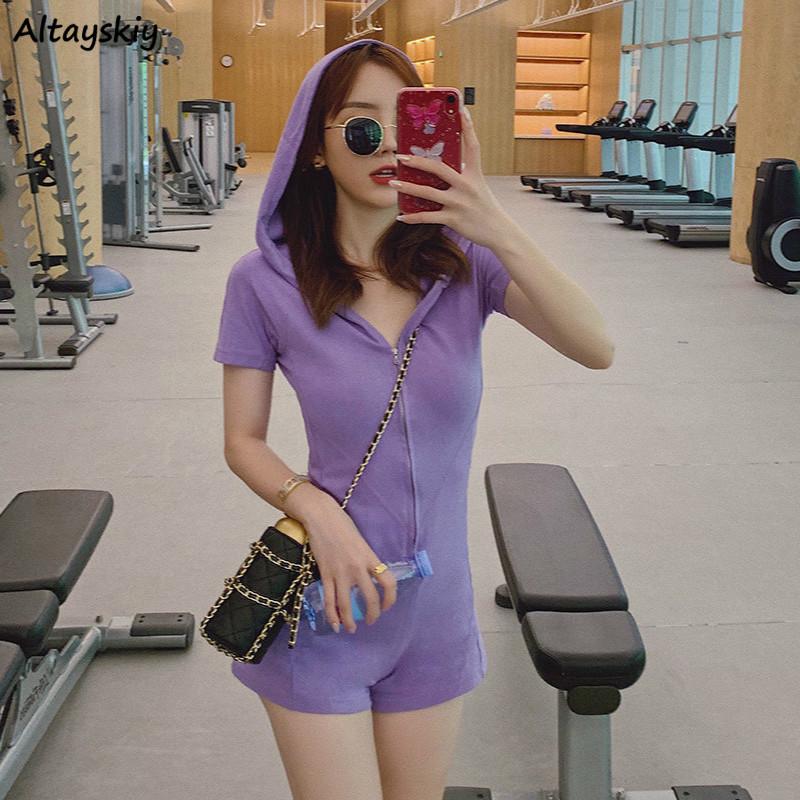 

Women' Jumpsuits & Rompers Women Summer Chic Purple Hooded Skinny Slim Sexy Womens Playsuits Fashion Short Sleeve Workout Ladies Bodycon Ro, Black