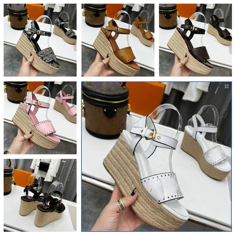 

Starboard Wedge Sandal Women Designer Slippers High heel Espadrilles Natural Perforated Calf Leather Lady Slides Outdoor Shoes, Box
