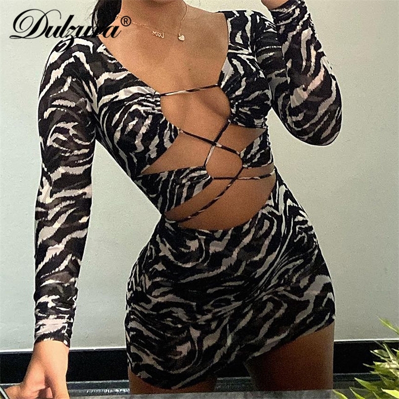 Dulzura Zebra Print Women Lace Up Long Sleeve Mini Dress V Neck Hollow Out Cross Bodycon Halter Party Club Autumn Winter 220611
