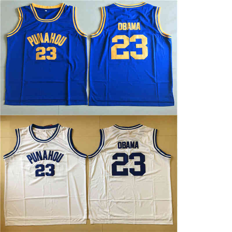 

23 Barack Obama Jersey Men Punahou High School College Basketball Jerseys Team Blue Color White Away Breathable For Sport Fans