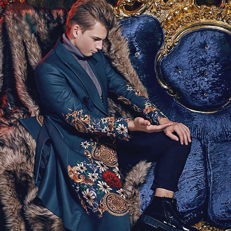 

Men's Wool & Blends Dark Green Floral Baroque Printed Pattern Men Long Coat Double Button Woolen Material Suit Collar High-end Mens Party Co, Picture color