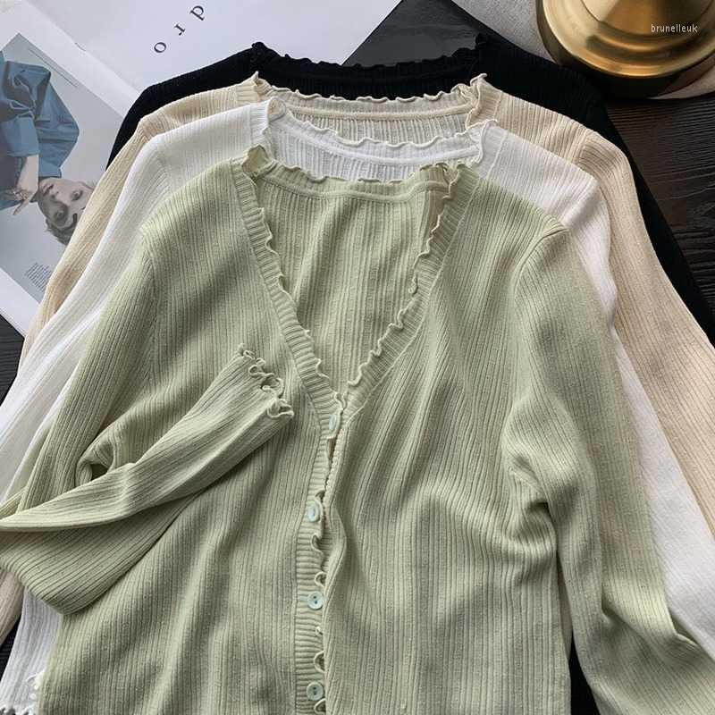 

Women's Knits & Tees Autumn Thin Knitted Women Cardigan Sweater Coat Solid Sexy Long Sleeve White Ruffles Casual Female Jacket 22668Women's, Black