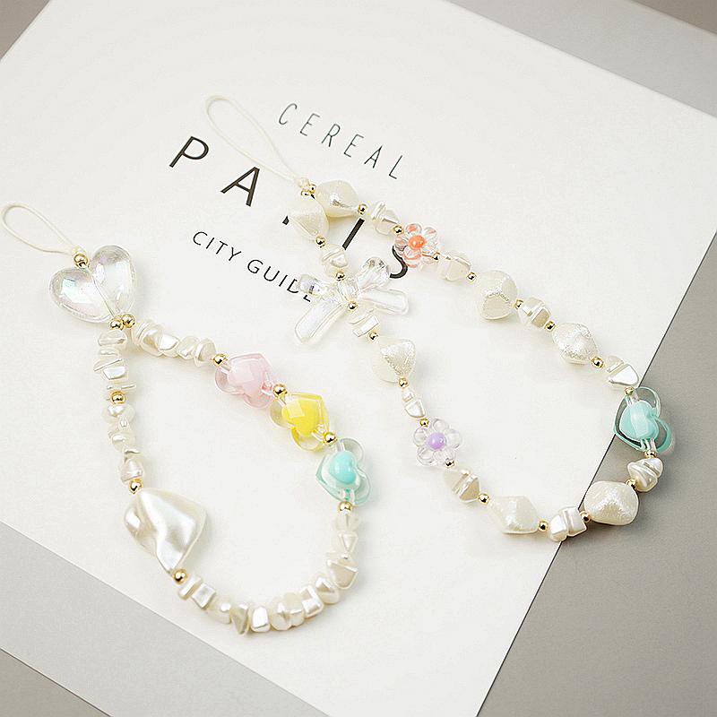 

Keychains Cute Colorful Resin Heart White Imitation Pearl Women Mobile Phone Decoration Anti-Lost Lanyard Chain Jewelry Accessory X74
