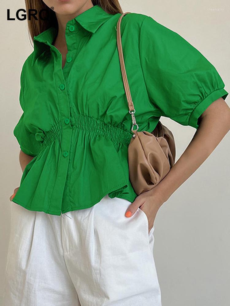 

Women' Blouses & Shirts Fashion Women' Shirt Solid Color Turn-down Collar Single Breasted Loose Ruffles Folds Blouse Tide Summer 2022, Green