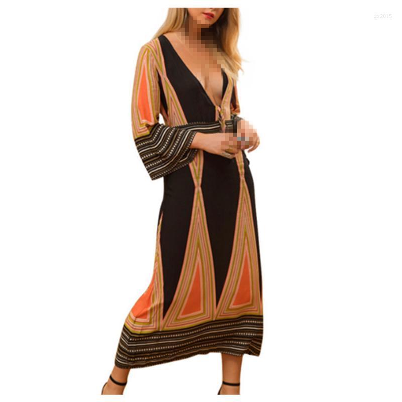 

Casual Dresses Spring Bohemian Printed Deep V-Neck Bandage Mid Sleeve Dress, Black