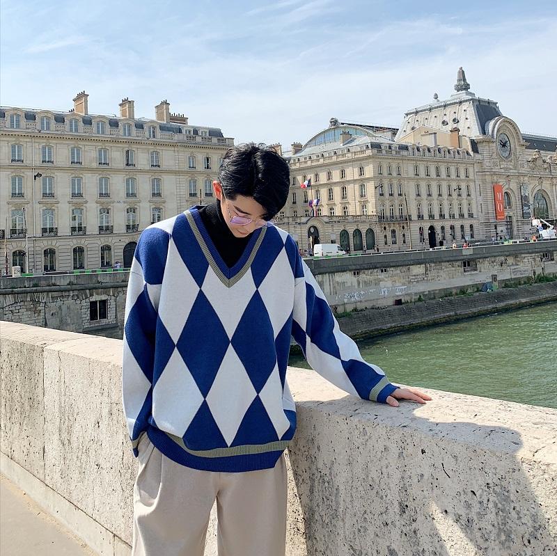 

Men's Sweaters Men Vintage V-neck Loose Casual Knitted Pullover Sweater Male Streetwear Fashion Geometric Pattern, Blue