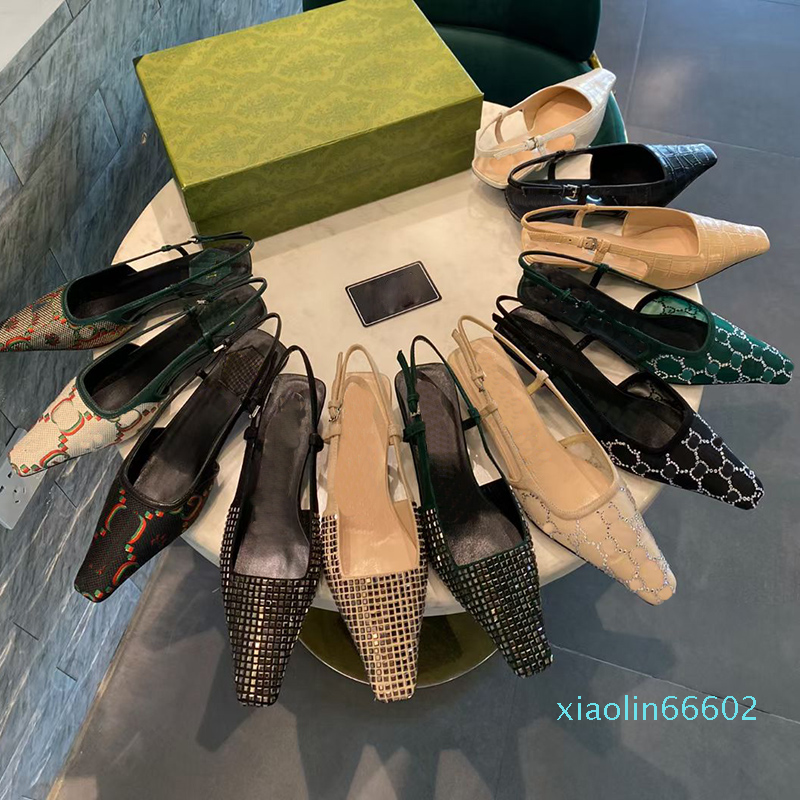 

Top Quality Sandals sexy Gauze Rhinestone decoration Calico women dress shoes luxury designers Small square head kitten heel Back Strap, Black stone grain cowhide