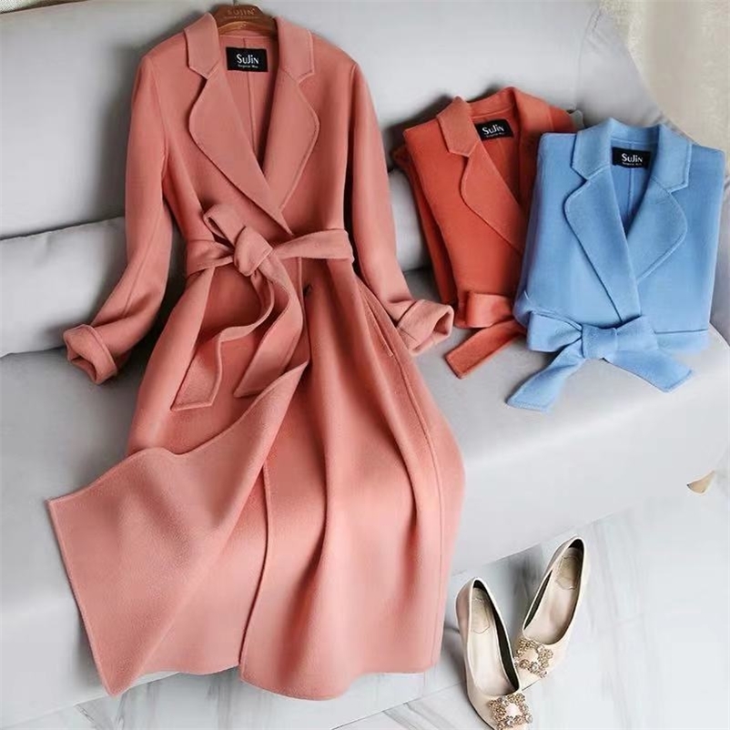 

Women's Wool Blends Women Cashmere Long Coat Elegant Turn Down Collar Woolen Coat With Belt Open Stitch Design Winter Warm Coat 220826, Camel