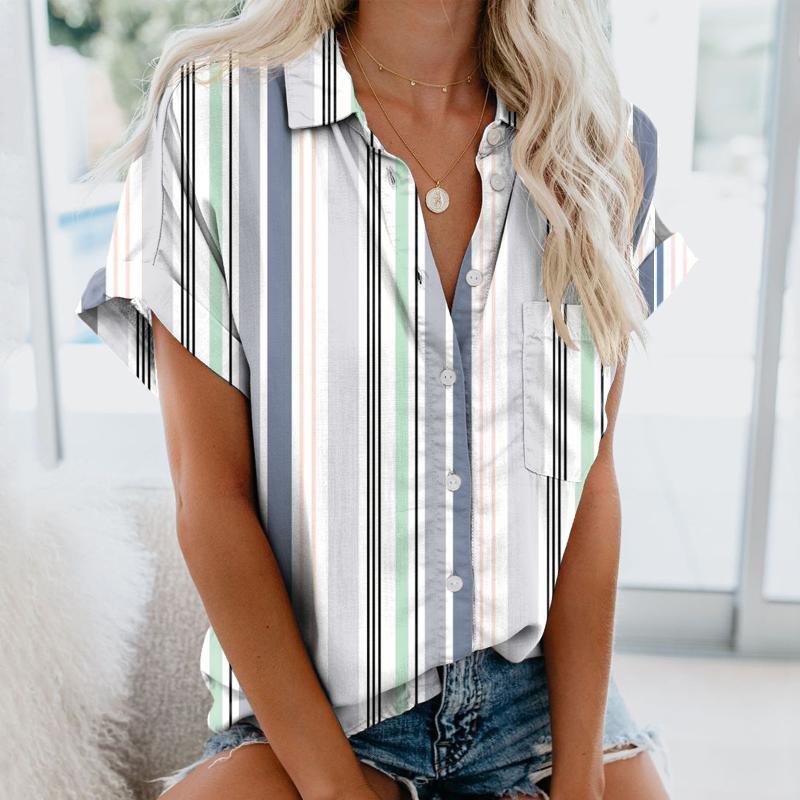 

Women' Blouses & Shirts Casual Striped Shirt Short Sleeve Loose Blouse Vintage Harajuku Oversized Elegant Tunic Summer Tops Women Blusa 202, Orange