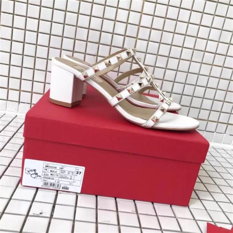 

Classic designer Sandals women Half slippers cowhide 100% leather rivet Thick heels Metal Slides woman shoe beach Lazy High heeled269g, Color16