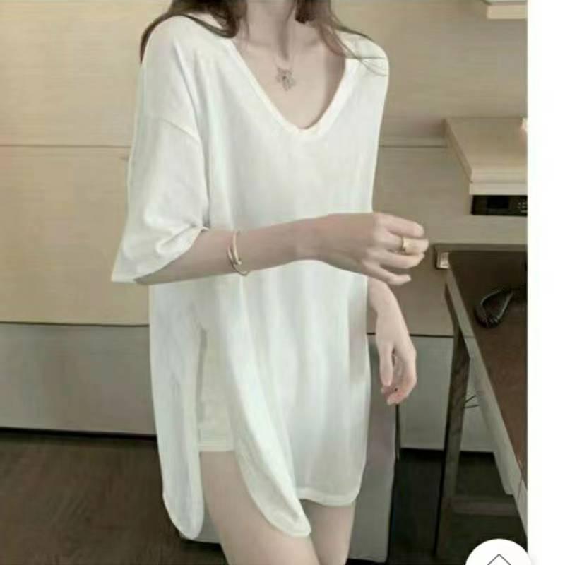 

Women's T-Shirt Women's Summer Cotton Irregular Split U-neck Short-sleeved Loose Korean Version Mid-length Large Neckline Top DD264Women, Black