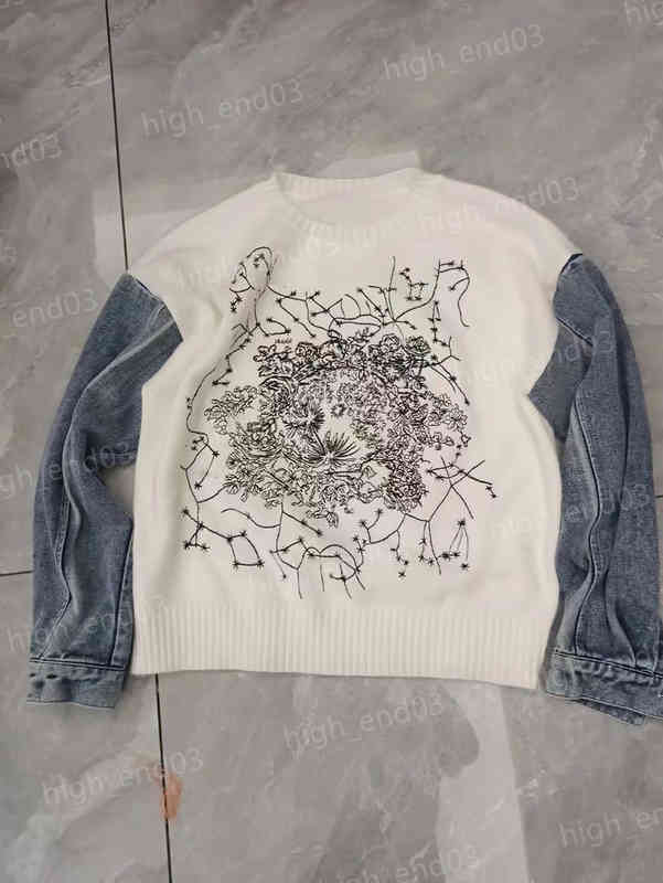 

Designer Sweater Womens Fall New Design Botanical Flower Embroidery Print Denim Sleeve Sweater Fashion Brand Tops Luxury Women Clothing, 19