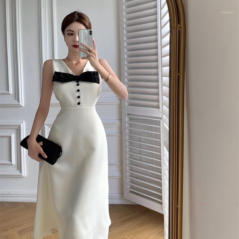

Casual Dresses 2022 Summer French Bowknot Suspender Skirt Waist Mid-length Elegant Dress For Women Bodycon, White