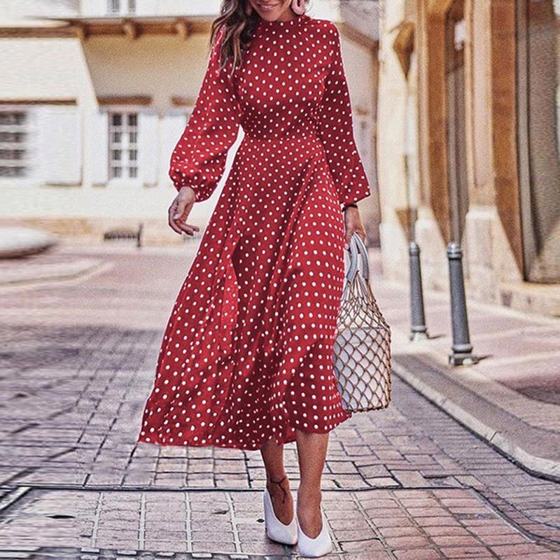 

Casual Dresses Polka Dot Dress Fashion Women O-Neck Long Sleeve Beachdress High Waist Maxi Female Beach Vestidos 2022 Spring, Black;gray