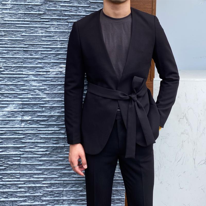 

Men's Suits & Blazers Custom Latest Design Unique No Lapel Button With Belt Fashion Black Wedding Mens Formal Bridegroom Party Suit Man Busi