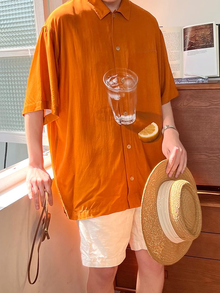 

Men' Casual Shirts Summer Men Short-sleeved Printed Shirt Silhouette Loose Cotton Orange ShirtMen
