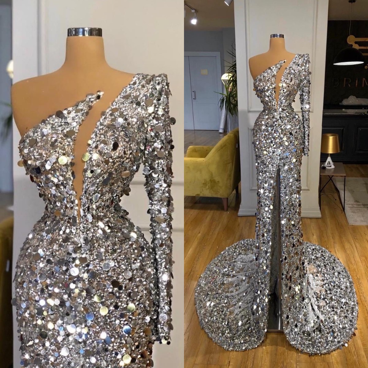 

2022 Formal Evening Dresses for Women One Shoulder Prom Party Gowns with Sleeve Sequin Front Split Cocktail Dress, Gold